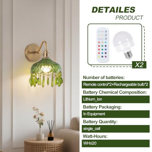 Image of Vintage Battery Operated Wireless Wall Sconces, Rechargeable Battery Brass Wall Lights,Luxury Corridor Lamp with Remote for Dining Room Hallway Living Room, Set of Two Green