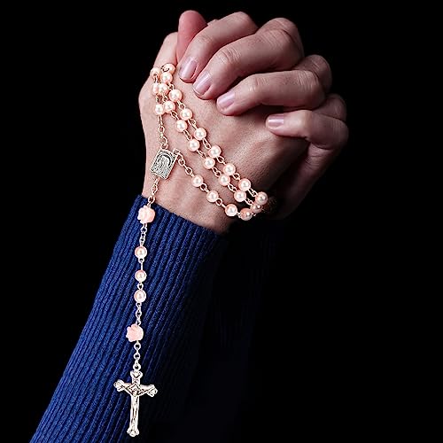 Rosary Beads Catholic for Women Rosaries Catholic Bulk Pearl Necklace with Jesus Christ Crucifix Cross First Communion Confirmation Gifts White, Pink, Black, Red, Purple, Royal Blue