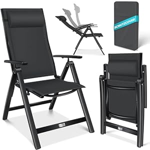 KESSER® Gartenstuhl Hochlehner mit Armlehnen Aluminium Klappstuhl mit Kopfkissen & Abdeckung Campingstuhl 7-Fach Verstellbar Rückenlehne Atmungsaktiv & Wetterfest Klappbar & Anti-Rutsch Schwarz