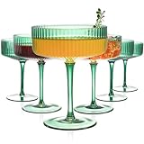 FERAHI 6 Pcs Ribbed Coupe Glasses, 10 oz Green...