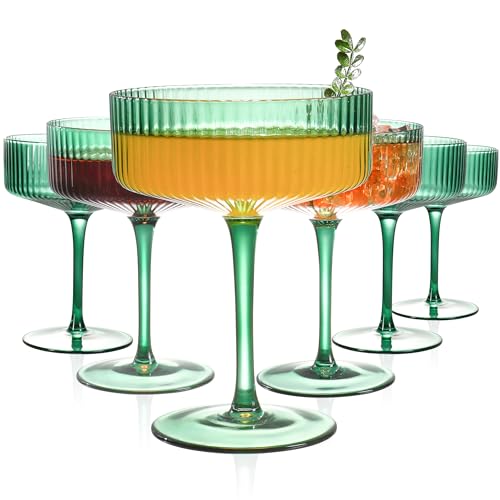 FERAHI 6 Pcs Ribbed Coupe Glasses, 10 oz Green...