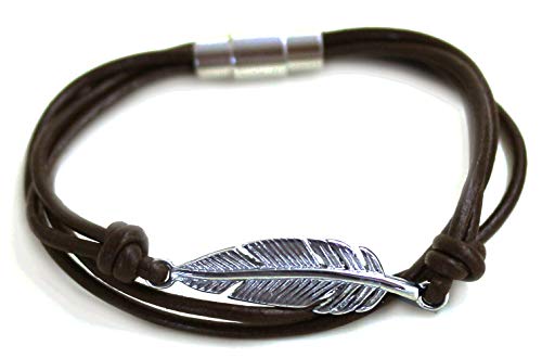 Lynnaround Stylish Surfer Men Women Angel Wing Leaf Feather Genuine Leather Bangle Cuff Wrap Bracelets Stainless Steel Magnetic Clasp (Dark Brown, 19) #TOP19