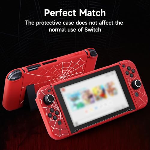 JINGDU Etui ochronne na Switch 2017 NS, dokowalny miękki ochraniacz TPU, wąskie, amortyzujące wstrząsy, odporne na zarysowania, z uchwytami na kciuki (pajęczyna, czerwony)