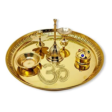 Hashcart Pooja Brass Plate Set (Dia - 8.85 In) | Indian Decorative Puja Items/Aarti Thali For Temple | Mandir | Diwali Decoration | Wedding | Home Decor Cover