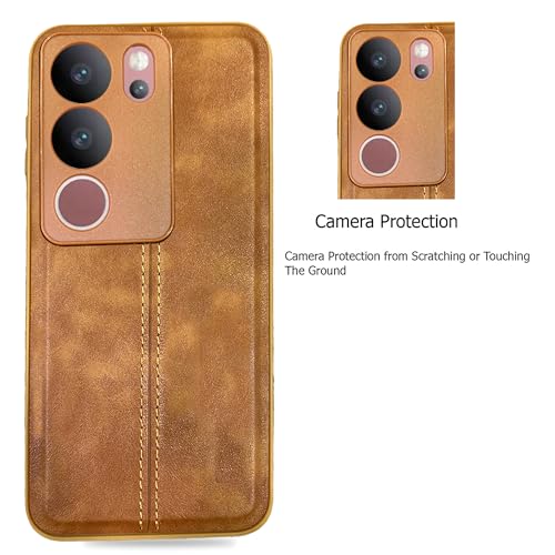 Image of A rtistque Premium Thread Leather Back Cover Case for Vivo V29 Pro | Drop Protection | Smooth Grip | Raised Camera Edges - Brown
