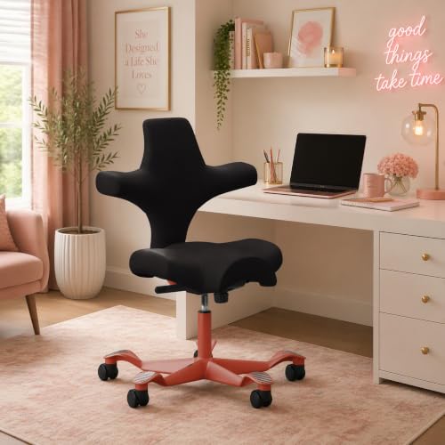 Image of HAG Capisco Sit to Stand Chair-Blush Rose Frame-Upholstered Black Onyx Vinyl