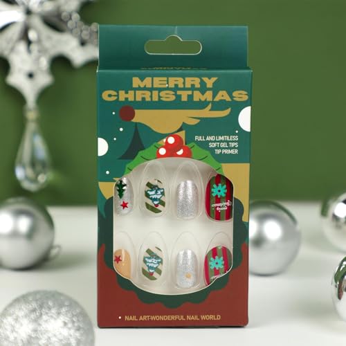 Unhas de Natal curtas,Natal Press On Nails - 24 peças de unhas de férias para unhas falsas | Unhas c