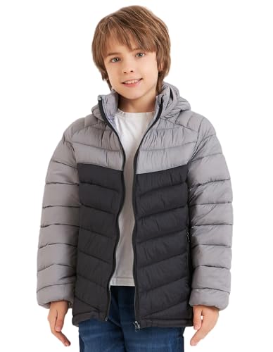Image of Boys Hooded Lightweight Puffer Jacket Waterproof Winter Coat | Insulated warmth for school commutes, soft chin guard, chevron quilted channels stop fill shifting, windproof, inside pocket