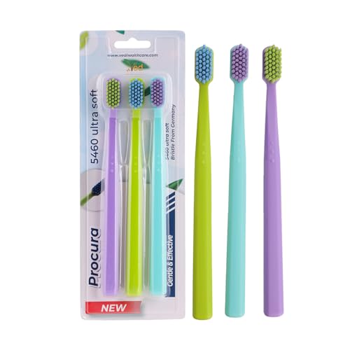 Spazzolino da denti VED ProCura Ultra Soft: spazzolino manuale delicato per adulti con 5.460 setole super morbide per denti e gengive sensibili (Purple+Cyan+Green)