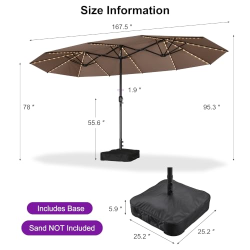 PURPLE LEAF 14ft Patio Market Umbrella with Solar LED and Base Double-Sided Rectangle Outdoor Table Sun Umbrellas with Crank for Pool Beach Deck Backyard Taupe — view 2