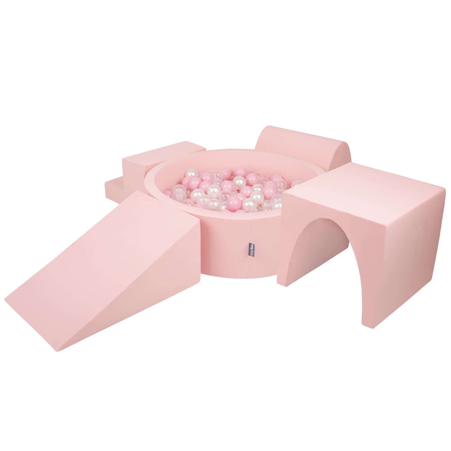 KiddyMoon Foam Playground For Kids With Round Ballpit (300 Balls ∅ 7Cm/2.75In) Soft Obstacles Course And Ball Pool, Made In EU, Pink:Powder Pink/Pearl/Transparent