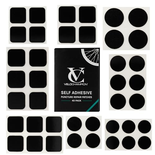 VeloChampion Puncture Repair Kit | Self-Adhesive Bike Tyre Patches for Road, MTB, BMX, Ebike| Travel Size Bicycle Puncture Repair Kit | 6, 10 or 40 Pack + Optional Tyre Levers (40pk Patches)