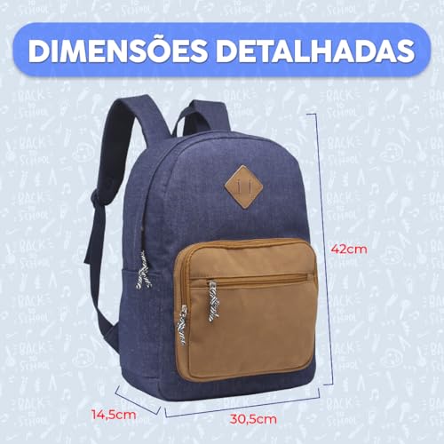 Mochila Escolar Costas Lisa Premium Resistente Jeans Moderna Cursinho Juvenil Masculina (AZUL MARINH