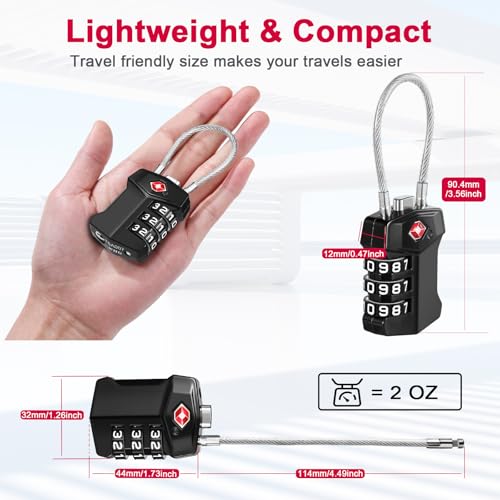 Image of ZHEGE TSA Approved Cable Luggage Lock, Travel Lock, Keyless Padlock (Black) | 3 Digit Combination for Suitcase, Backpack, Bag, Toolbox, Gym Locker - Easy to Read & Use for All Ages