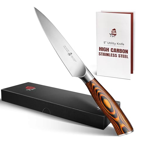TUO Utility Knife, 5 inch Small Kitchen Knife for Paring & Slicing, with Ergonomic Pakkawood Handle, High Carbon German Stainless Steel - Fiery Phoenix Series