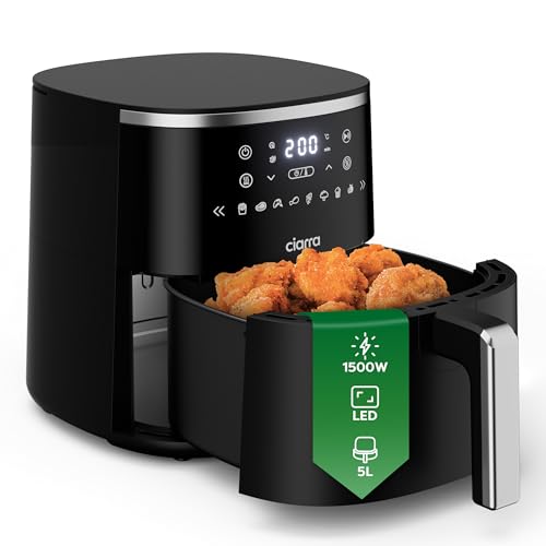 Ciarra Friteuse à Air 5L 1500W, Airfryer 8-en-1 Numérique, Sans Huile, 8 Programmes Prédéfinis, Noir CABAF1A