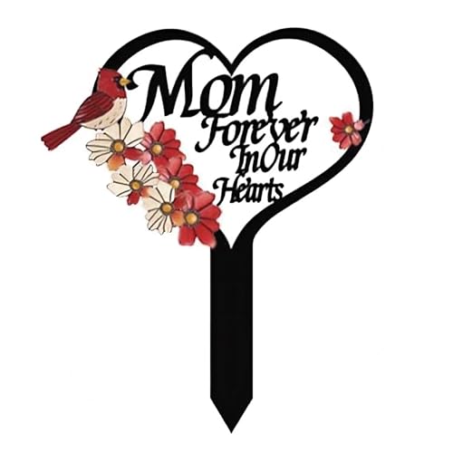 Memorial Grave Markers Cardinals Garden Stake Memorial Metal Grave Stake Decoration Heart Memorial Cemetery Stakes for Loss of Mother Father Outdoors Yard Garden Sympathy Decor(Mom)