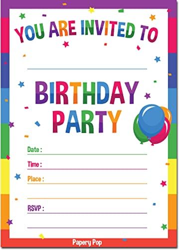 Birthday Invitations with Envelopes (15 Pack) - Kids Birthday Party Invitations for Boys or Girls - Rainbow