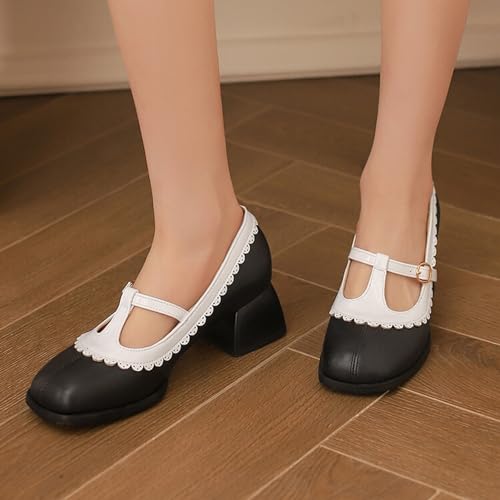 Alyaafifa Cute Block Heel Mary Jane Pumps for Women Closed Square Toe Ankle T-Strap Two-Tone Matte Leather Low Heel Dress Shoes Comfortable Casual Working Party Prom Wedding3