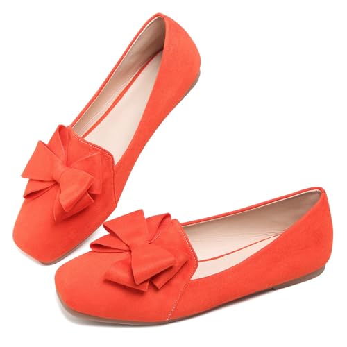 Image of WENJIAZHIZHI Square Toe Bow Ballet Slip-On | Classic Suede Finish,Chic Bow Detail,Effortless Everyday Style,Wedding Party Office,Plus Size Available