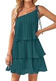 ZESICA Women's 2024 Boho Summer One Shoulder Sleeveless Ruffle Tiered Layered Chiffon Pleated A Line Flowy Mini Dress,Teal,Small