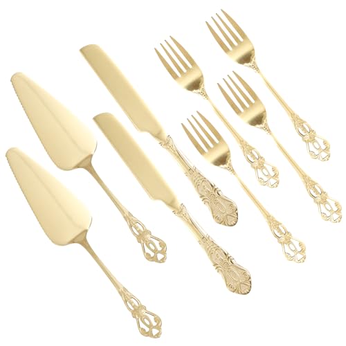 8-teiliges Pizza-Set mit Spatel, Messer und Gabeln, Edelstahl-Kuchenschneideset, Hochzeitstortenmesser und Tortenservierer für Geburtstage, Babypartys, Verlobungen, Jubiläen(Gold)