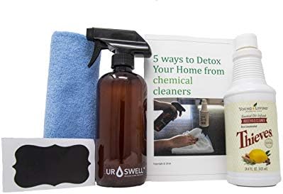 Thieves Household Cleaner Glass Bottle Kit – includes: Young Living Thieves Cleaner 14.4 fl.oz, URSWELL GLASS Amber Spray Bottle 16oz PLUS Chalk Label, Microfiber cloth & “Detox Your Home” Book