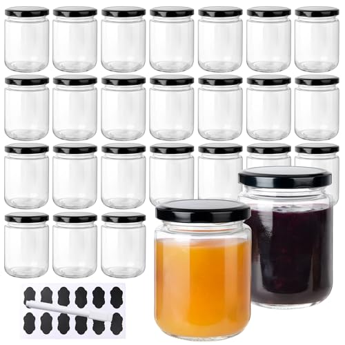 YBCPACK 24 Stück Marmeladengläser 240ml mit Deckel, Einmachgläser mit Schraubdeckel – Luftdicht & Spülmaschinenfest – Große Schraubgläser mit Etiketten und Stift für Marmelade, Honig, Joghurt