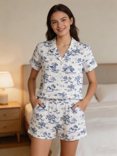 Image of Women's Button Down Pajama Set with Pockets Soft Loungewear S-2XL