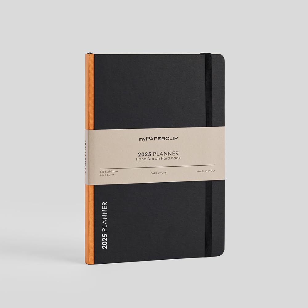 myPAPERCLIP 2025 Weekly Planner D2, Section Thread Bound, Hand Drawn Hard Back, A5 (148 x 210 mm, 5.83 x 8.27 in), Orange Spine, Black