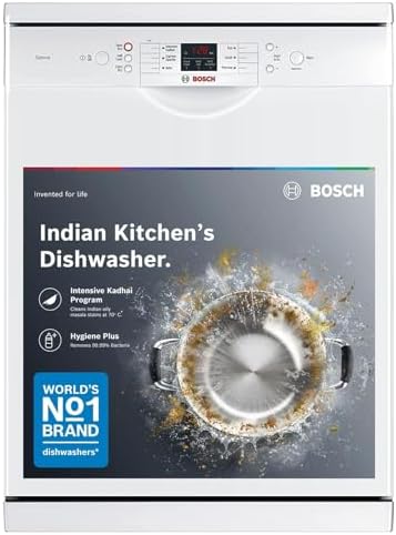 Bosch 13 Place Setting (fits up to 70 utensils) Free-Standing Dishwasher for Indian Utensils | Hygiene+ & Intensive Kadhai Program (SMS66GW01I, White, Inbuilt Heater, Removes 99.9% Germs)