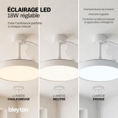 BLEYTON Ventilateur de plafond à pales rétractables moteur CC silencieux 36W 107 cm | Ventilateur NOVA avec commande par télécommande et WIFI, App et Voix | Couleur Blanc Lumière LED | 6 vitesses | – vue 6