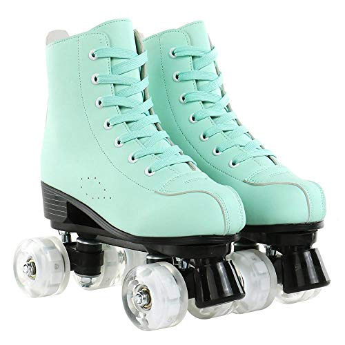 Xudrez Roller Skates For Women Cozy Green Pu Leather High-Top Roller Skates For Beginner, Professional Indoor Outdoor Double-Row Roller Skates With Shoes Bag (Flash Wheel,40) #TOP2