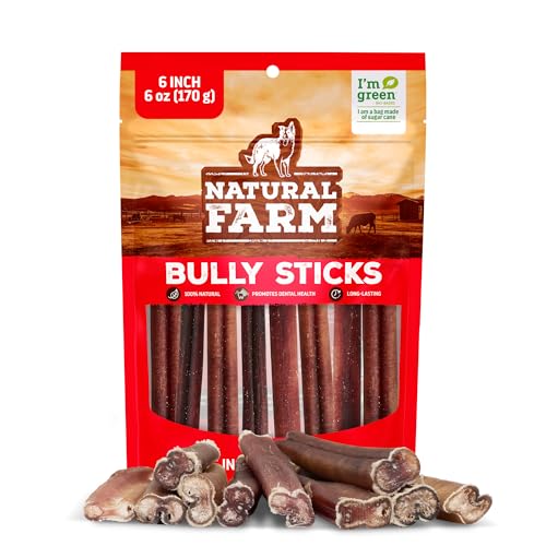 Natural Farm Odor-Free Bully Sticks (6 Inch, 6 Ounces), Packaged by Weight, 100% Beef Chews, Grass-Fed, Fully Digestible Treats to Keep Your Puppies, Small and Medium Dogs Busy