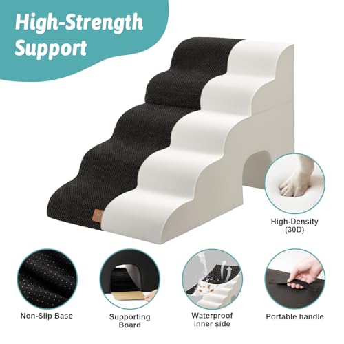 Image of COZY KISS Dog Stairs,with condo,22.4 inch H 5 Steps for Bed,Black | 5-step dog stairs and ramps for Old Cats, Puppy, Small Dogs,Non-Slip Base,for Couch & Bed,17.7x33x22.4