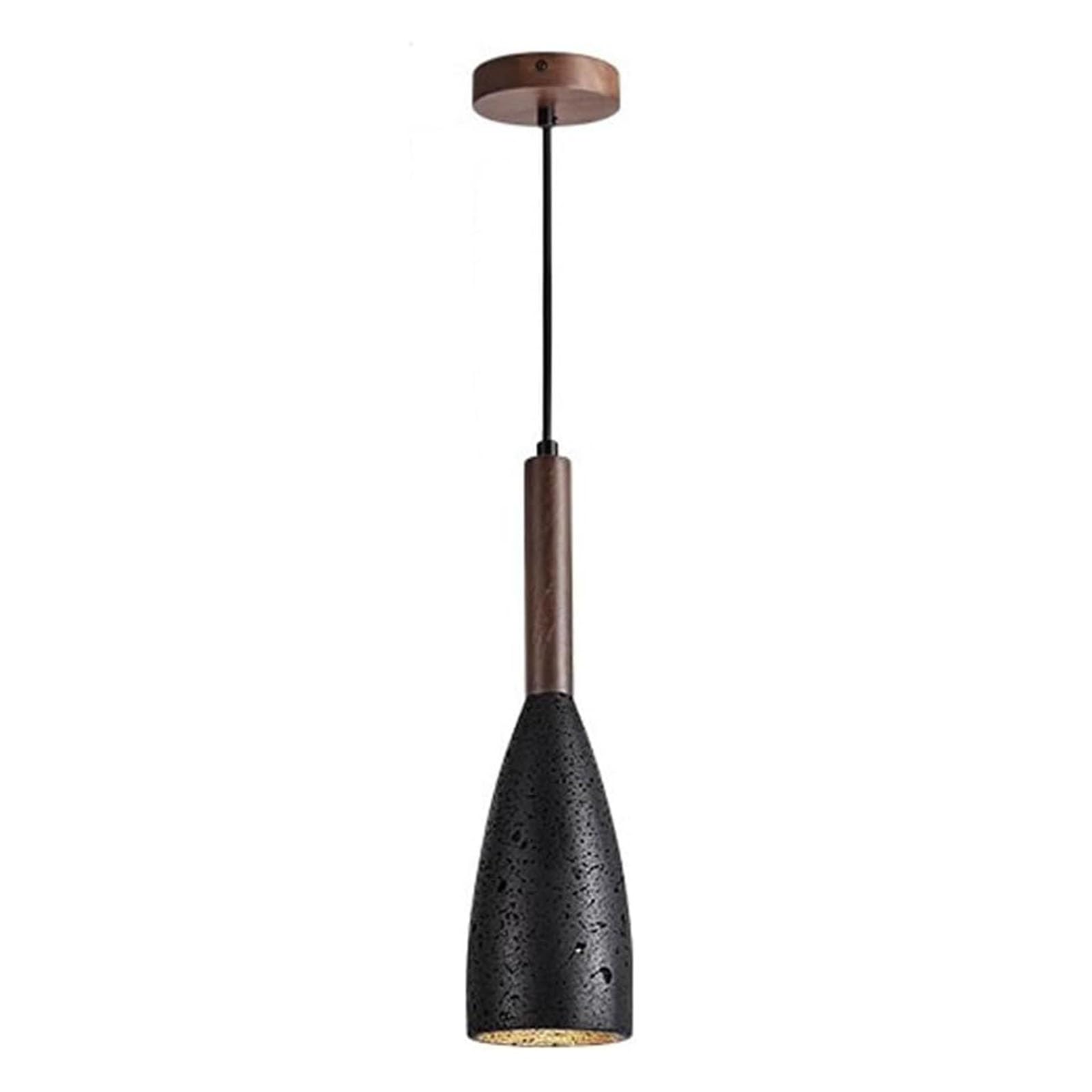 FEITENGDA Japanese Small Travertine Pendant Light Minimalist Wood Cup Accent Hanging Lamp Adjustable Height Hanging Ceiling Light for Dining Room Bedroom Kitchen Island(Black+Walnut)