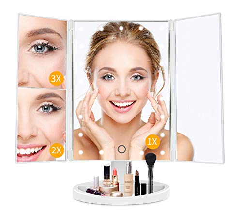 Lighted Makeup Mirror 3X/2X/1X Magnification 21 LED Trifold Vanity Mirror with Touch Sensor Dimming Portable Travel Mirror Best Xmas Gifts for Women Girls