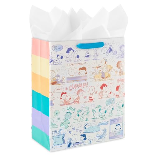 Hallmark Peanuts 13 Large Gift Bag with Tissue Paper (Rainbow Snoopy Charlie Brown Linus Lucy) for Birthdays Christmas Fans