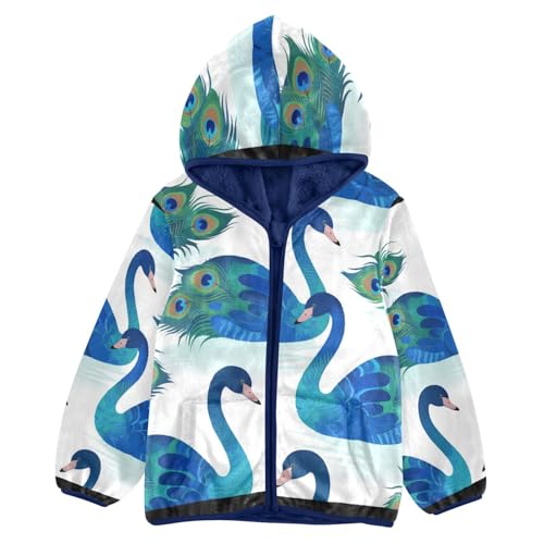 Blue Peacock Pattern Print Design Toddler Fleece Jacket Girl Boys Hooded Fleece Jacket Coat Warm Outwear Zip-up 3-10T
