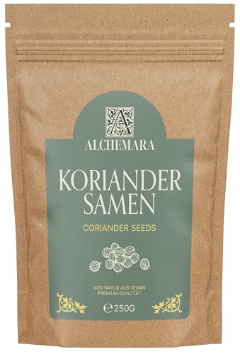 Semillas de Cilantro Enteras Alchemara (250g) – Semillas de Cilantro – Especias Suavemente Secadas Ideales para Cocinar – Especias Aromáticas