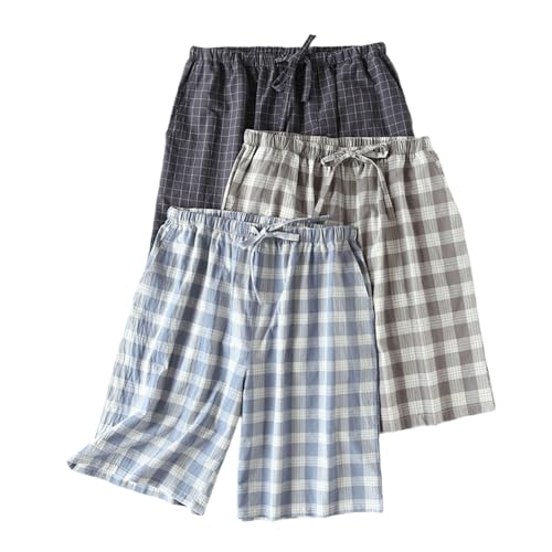 Men's Woven Sleep Shorts Cotton Plaid Pajama Short Sleepwear Soft Comfy Drawstring Sleep Lounge Pj Bottoms 3 Pack