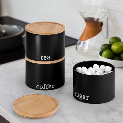 EHC Tea, Coffee, Sugar, Canister Set, Set of 3 Stackable Airtight Food Storage Easy to Open Storage Cansiters Jars Tin, Black - Cosy Home Interiors EHC Tea, Coffee, Sugar, Canister Set, Set of 3 Stackable Airtight Food Storage Easy to Open Storage Cansiters Jars Tin, Black - Image 5