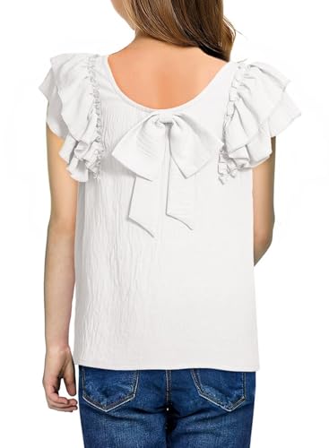 Image of DOKOTOO KIDS Girls Shirts Summer Cute Double Ruffle Short Sleeve Tie Back Bow Tee Tops 6-15 Years