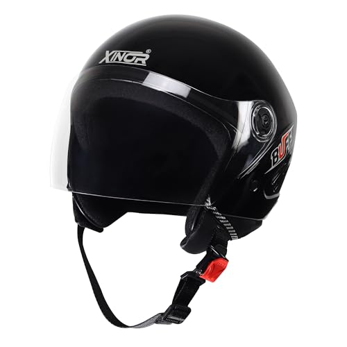 Image of Buff Open Face Motorcycle Helmet Medium | ISI Certified Unisex Helmet | Lightweight ABS Shell with Clear Visor & Quick Release Strap for Bike & Scooter Riders (Matte Black)