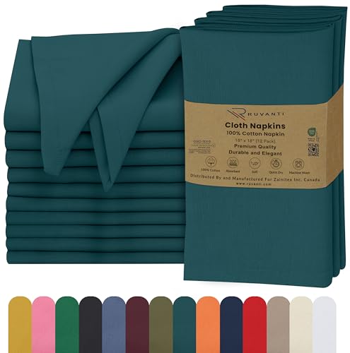 Ruvanti Cloth Napkins Set of 12, 18x18 Inches, 100% Cotton,