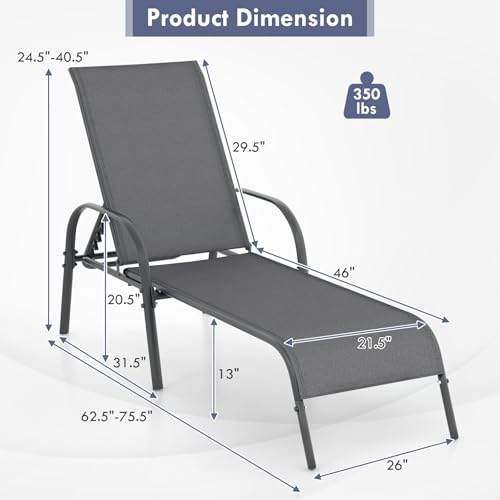 Image of Giantex 2 Pack Patio Lounge Chair, Outdoor Chaise Lounge with 5 Adjustable Backrest, Sturdy Steel Frame, Sunbathing Recliner, Tanning Chair for Beach, Outside, Yard, Balcony, Pool Chairs (2,Dark Gray)