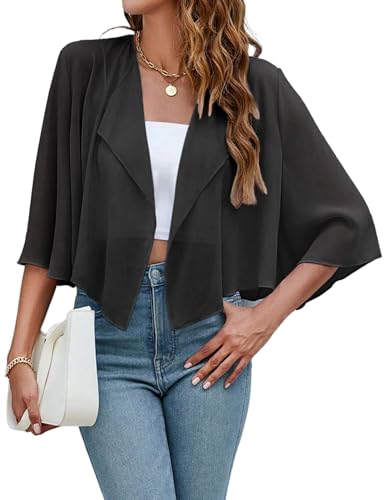 Hotouch chiffong bolero dam festlig 3/4 ärm elegant axelväska transparent sommar kofta lätt kort bolerojacka för klänning, svart, S
