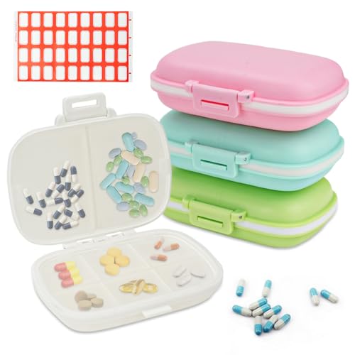 DIYJEP 4 Pezzi Portapillole Giornaliero, Portapillole da Viaggio settimanale con Etichette Adesive, Porta Pillole Tasca Medicine Portatile 8 Scomparti Portare Vitamine Olio di Pesce Medicina