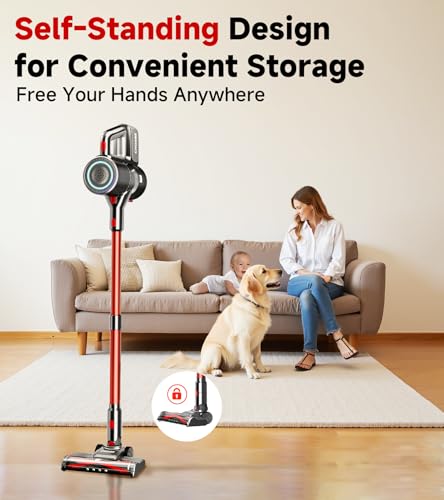 Cordless Vacuum Cleaner, 500W/35Kpa Lightweight Stick Vacuum with Green Light, 45Mins Runtime Self-Standing Vacuum Cleaners for Home, Anti-Tangle Vacuum for Pet Hair Hardwood Floor Carpet