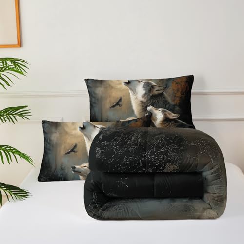 Image of Wolf Comforter Set Full for Kids Boys Girls,Howling Wolves Comforter Set,Eagle and Wolf Night Moon Forest Bedding Set, Wild Animals Quilt Set for Bedroom Decor,All Seasons